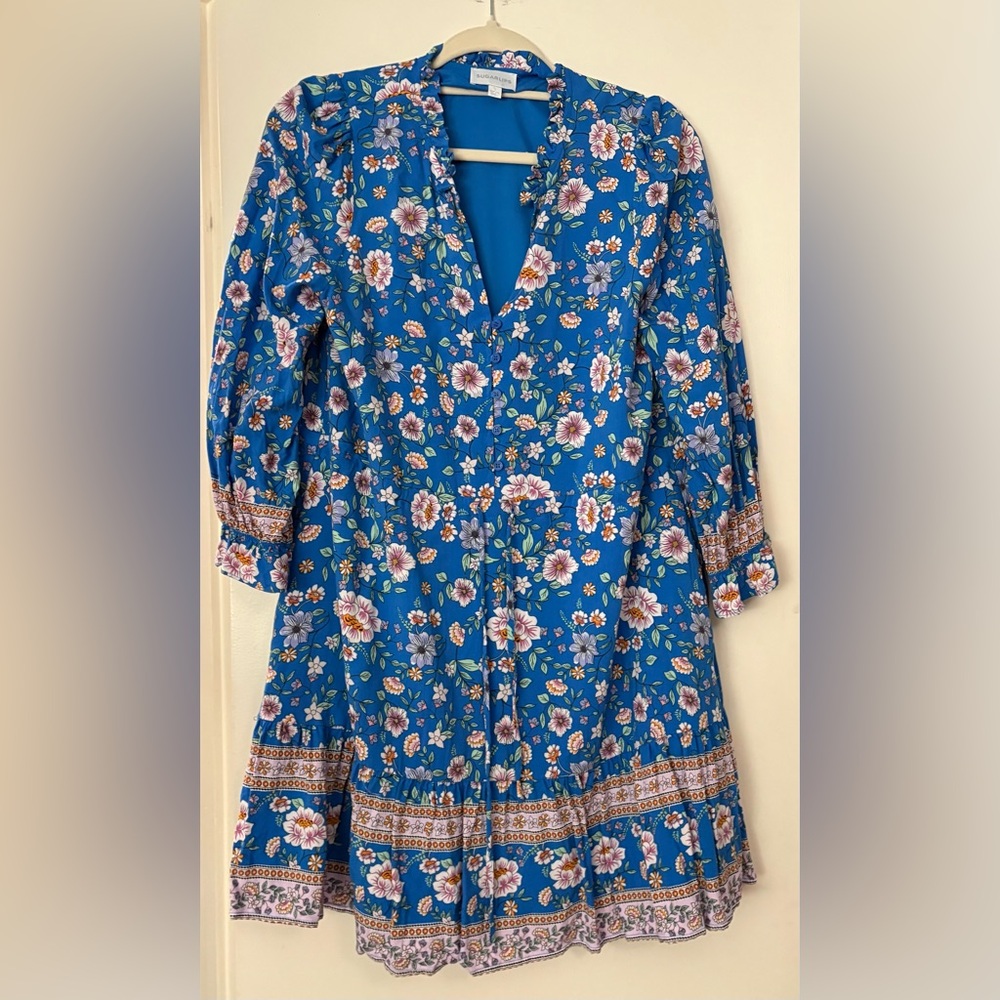 Sugarlips Bright Blue Floral Dress with Pink & White Blooms